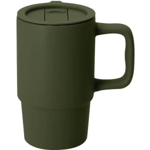 A coffee mug in matte olive green with a handle and a lid, featuring a simple design.