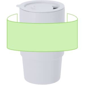 A white coffee mug with a lid and a branding logo, featuring a smooth, minimalist design.