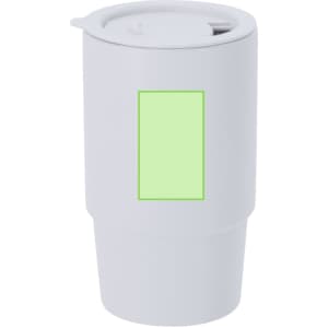 A coffee mug in white with a lid and a blank area for customisation.