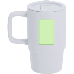 A white coffee mug with a handle and a lid, featuring a blank area for custom branding.