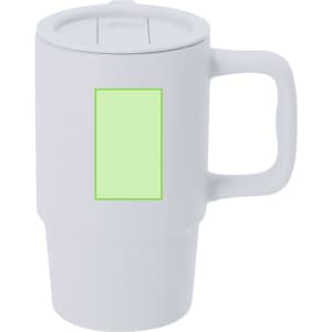 A white coffee mug with a handle and a lid, featuring a blank area for branding or text.