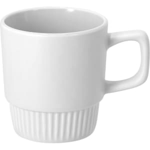 A white coffee mug with a ribbed design on the lower half and a smooth finish on the top half.