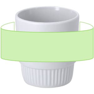 A white ceramic mug with ribbed detailing and a smooth interior, featuring a logo.