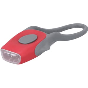 A red and grey bike safety light with a circular button on the side, featuring a compact, ergonomic design.