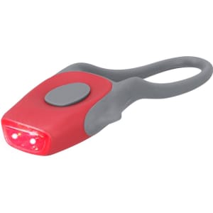 A red and grey bike safety light with two LED bulbs and a loop for attachment. It features a button for operation.