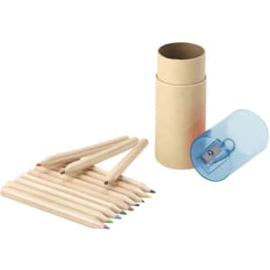 A set of coloured pencils in a cardboard tube, featuring various colours and a blue sharpener.