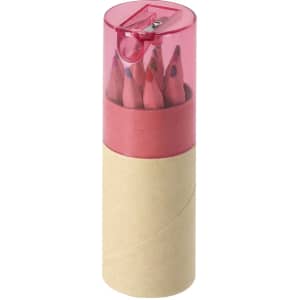 A cylindrical container holds several coloured pencils, featuring a pink cap and a kraft paper body.