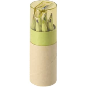 A cylindrical container with a transparent yellow lid holds several green and multicoloured pencils, including a sharpener.