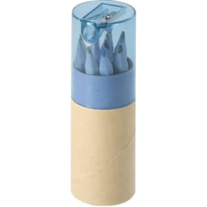 A cylindrical container with a transparent blue lid featuring coloured pencils in shades of blue and green.
