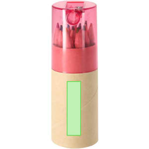 A cylindrical set of coloured pencils in shades of red, housed in a transparent pink container with a natural kraft base.