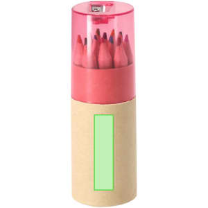 A cylindrical container holding coloured pencils with a pink top and a kraft paper base.