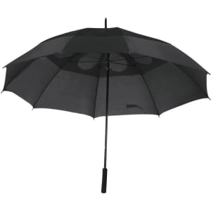 A black umbrella with a curved handle and a canopy featuring a simple design. It has a logo on the shaft.