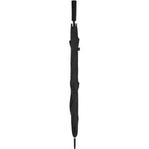 A black folding umbrella with a handle, designed for leisure and outdoor use, featuring a logo.