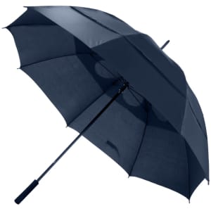 A navy umbrella with a sturdy handle and an elegant design, featuring a plain canopy and a branding logo.