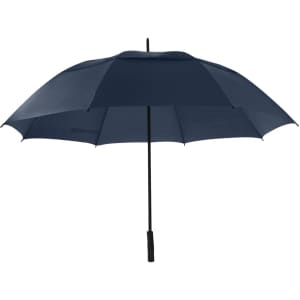 A navy blue umbrella with a black handle and a logo, featuring a classic design suitable for outdoor use.