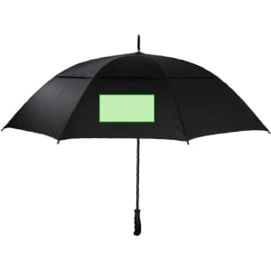 A black umbrella with a green panel and a handle, featuring a logo or branding.