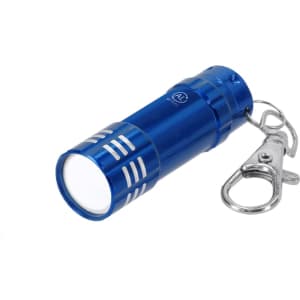 A blue torch keyring with a keychain clip, featuring a round light and a metallic finish.