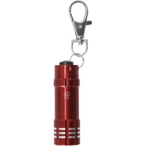 A red torch keyring with a clip attachment, featuring a metallic finish and a push-button switch.