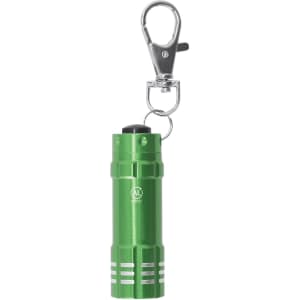 A green torch keyring with a silver clip, featuring a shiny metallic finish and a compact design.