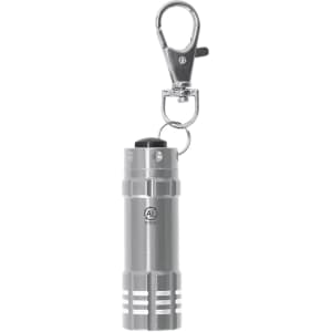 A silver torch keyring featuring a clip for attachment. It has a sleek design with a logo on the side.