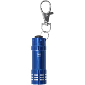 A blue torch keyring with a silver clip, featuring a logo on its side.