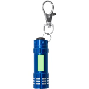 A blue torch keyring with a silver clasp and a green area on the side, suitable for attachment to bags or keys.