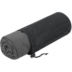 A rolled absorbent cooling towel in black and grey, secured with a drawstring pouch and featuring a branding logo.