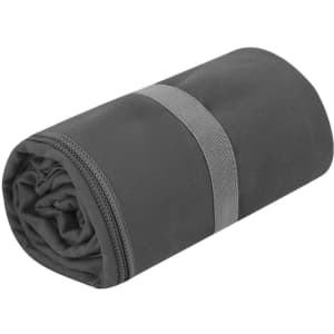 A rolled grey cooling towel secured with a band, featuring a simple design. Includes a logo.