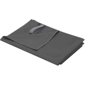 A grey absorbent towel neatly folded with a loop for easy storage, featuring a branding logo.