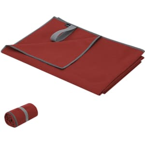 A red absorbent towel with a grey trim, laid flat and partially rolled up, featuring a logo.