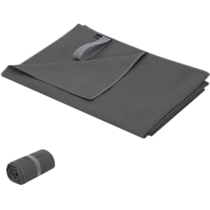 A grey absorbent towel neatly folded and rolled, featuring a strap for easy storage. Included is a visible logo.