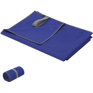 A blue absorbent towel folded and rolled, featuring a grey trim and a branding logo.