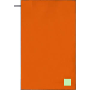 An orange absorbent towel with a light green square and a silver tab at the top, featuring a logo.