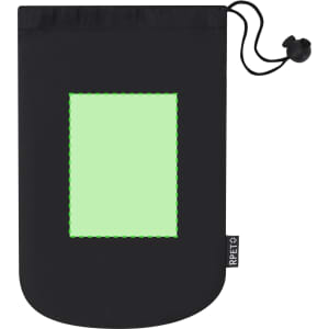 A black pouch with a green window panel and a drawstring closure, featuring a logo on the side.