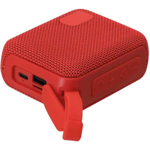 A red Groxen Speaker with textured fabric, featuring buttons and a charging port on the side.