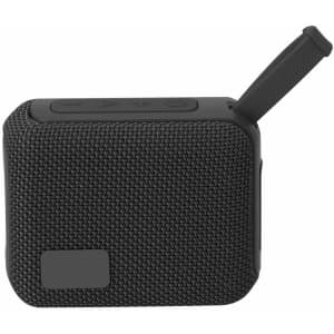 A small black speaker with a textured surface and a retractable handle, featuring control buttons on the top.