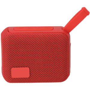 A red Groxen Speaker with a textured surface and an extendable handle, featuring buttons on the top and a branding logo.