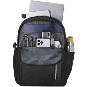 A black Divigan backpack featuring multiple compartments, with an iPad, notebook, and a drink bottle visible inside.