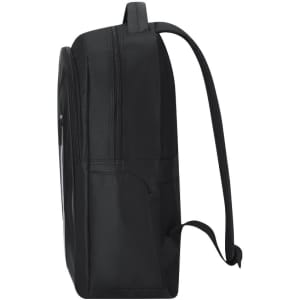 A black backpack featuring a spacious design, double zip closure, and a logo on the side.