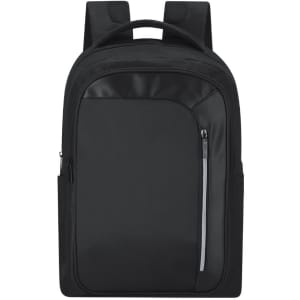 A black backpack with a sleek design, featuring multiple pockets and a logo on the front.