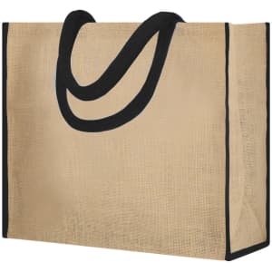 A large tote bag in natural beige with black handles and edging; features a simple design and a logo.