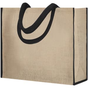 A beige tote bag with black handles and trim, featuring a simple design and a logo on one side.