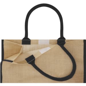 A tan tote bag with black handles and trim, featuring an open design and a subtle interior pocket.