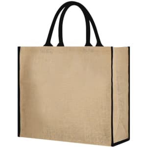A tan tote bag with black handles, featuring a simple design and a branding logo.