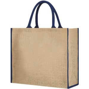 A tote bag featuring a natural jute material and navy blue handles, with a simple design and no visible branding.