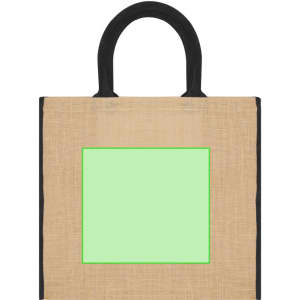 A natural woven tote bag with black handles and a blank green rectangular area in the centre.