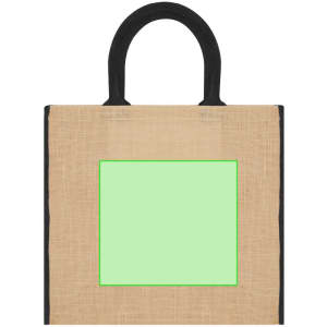 A tote bag with a natural jute texture, featuring black handles and a blank green area in the centre.
