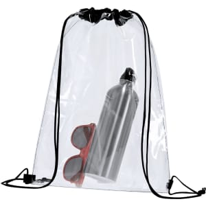 A clear drawstring bag featuring a silver drink bottle and red sunglasses inside, with black drawstrings.