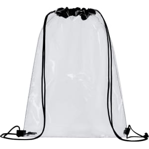 A transparent drawstring bag with black cords, featuring a simple design and a branded logo.