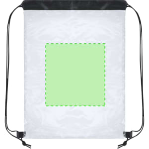 A transparent drawstring bag with a black top and trim, featuring a green highlighted square design space.